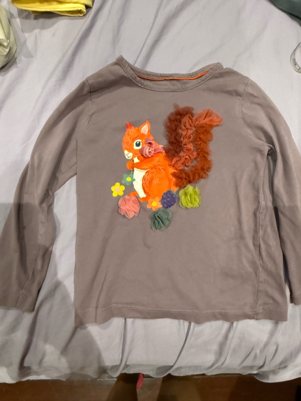 Boden Taupe Long-Sleeve Top with Orange Squirrel Applique
